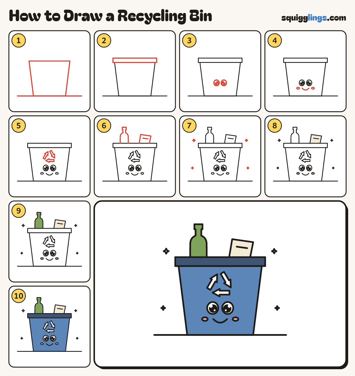 How to Draw a Recycling Bin step by step: all 10 steps in one picture