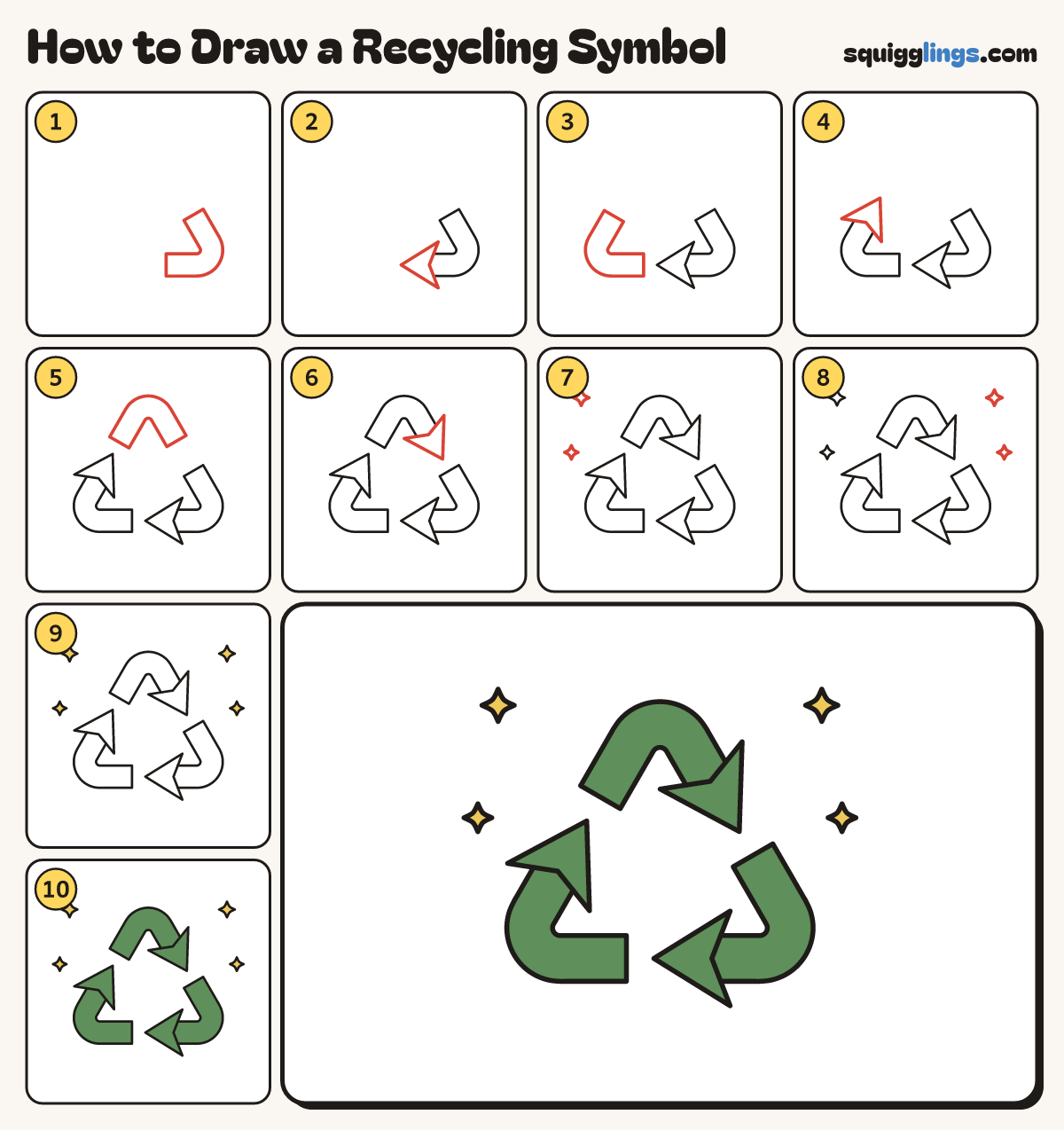 How to Draw a Recycling Symbol step by step: all 10 steps in one picture