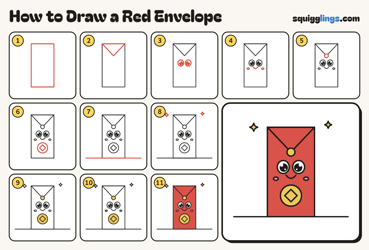 How to Draw a Red Envelope step by step: all 11 steps in one picture