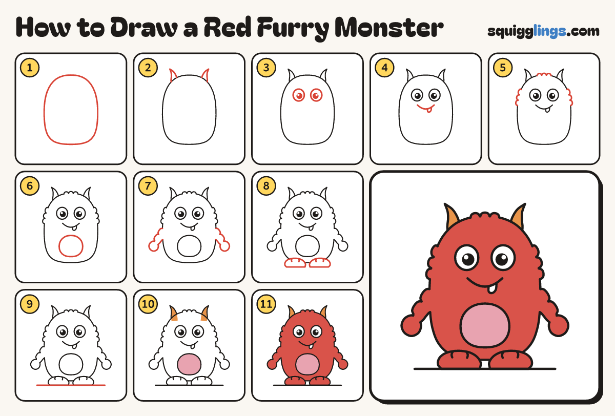 How to Draw a Red Furry Monster step by step: all 11 steps in one picture