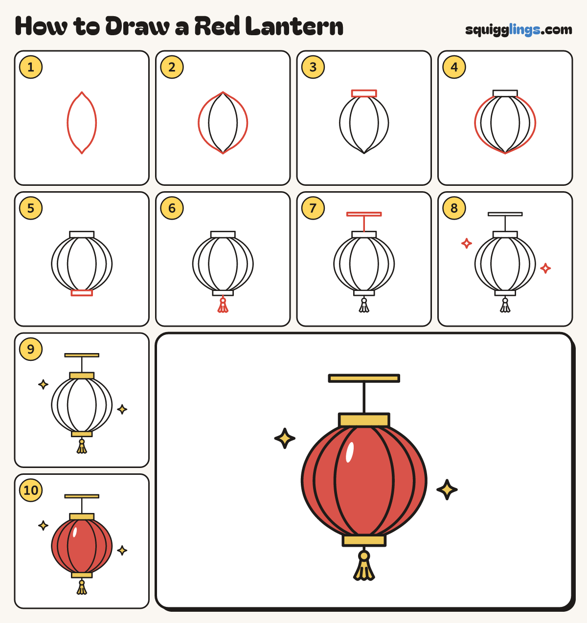 How to Draw a Red Lantern step by step: all 10 steps in one picture