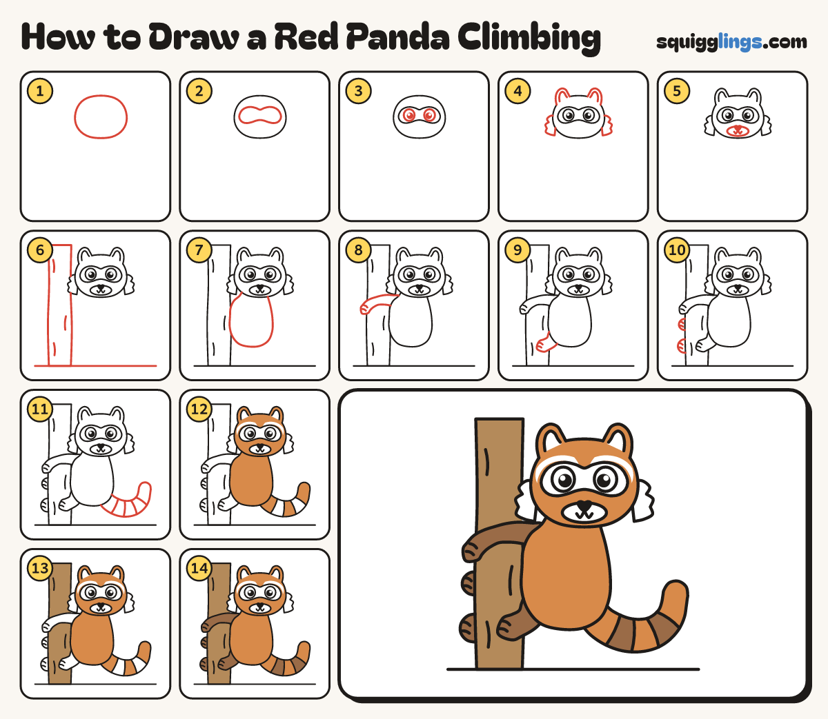 How to Draw a Red Panda Climbing step by step: all 14 steps in one picture