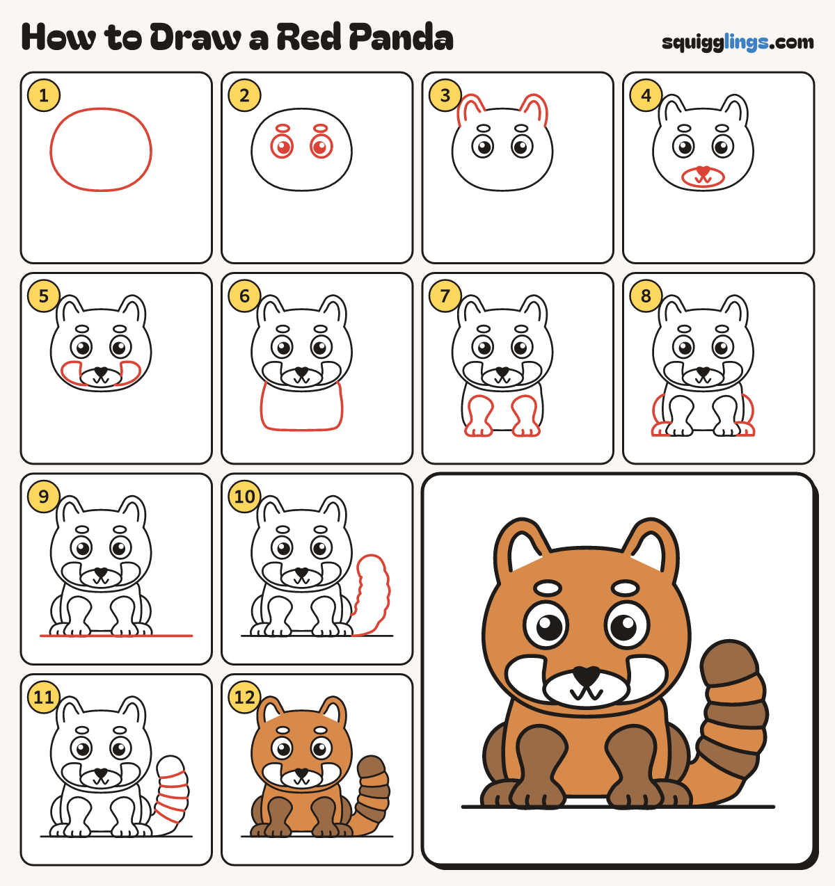 How to Draw a Red Panda step by step: all 12 steps in one picture