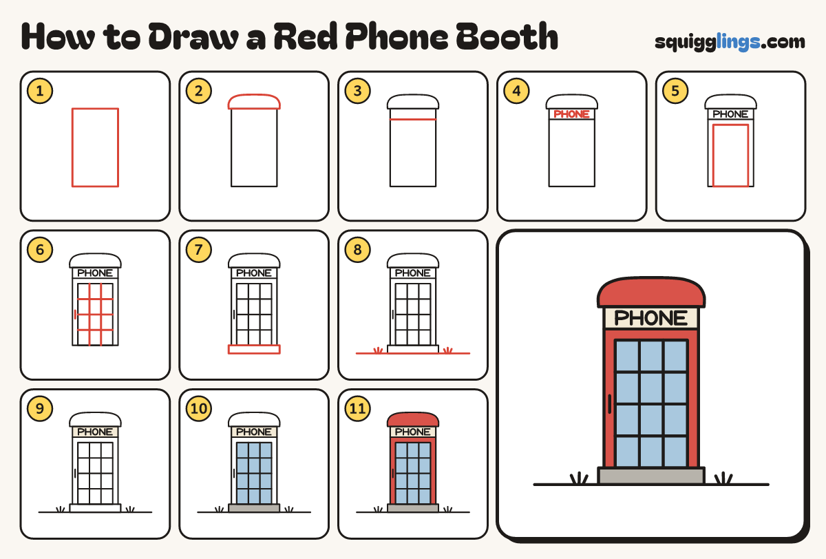 How to Draw a Red Phone Booth step by step: all 11 steps in one picture