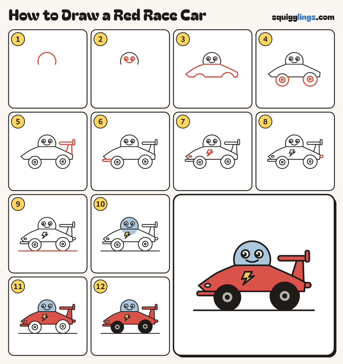 How to Draw a Red Race Car step by step: all 12 steps in one picture