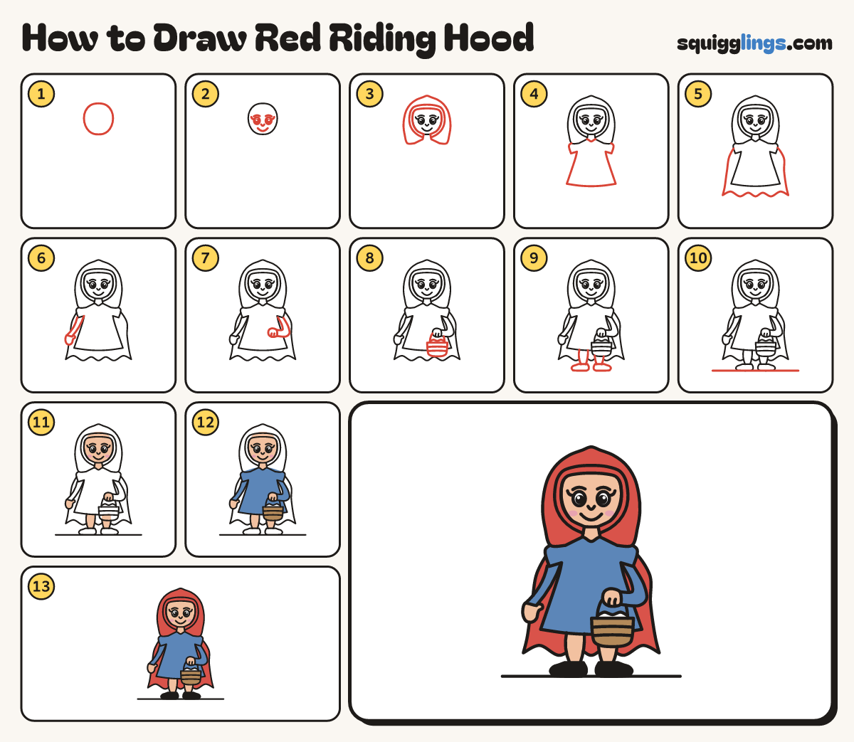 How to Draw Red Riding Hood step by step: all 13 steps in one picture