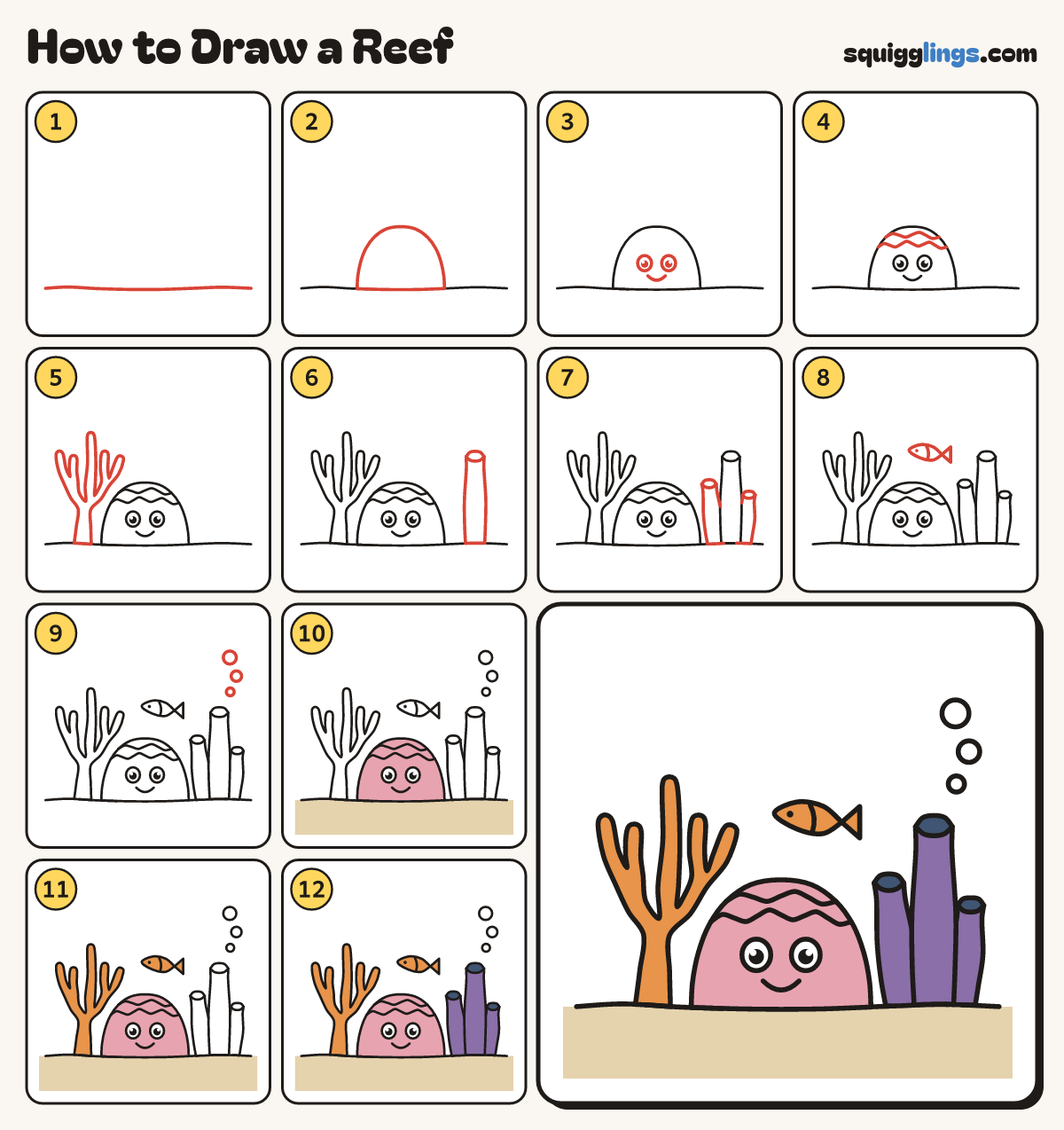 How to Draw a Reef step by step: all 12 steps in one picture