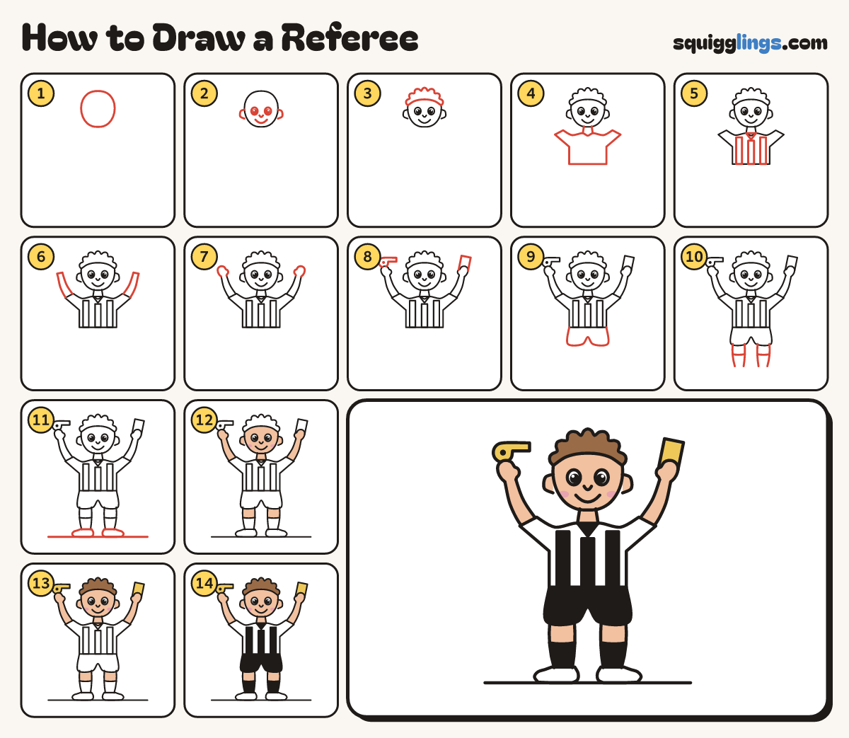 How to Draw a Referee step by step: all 14 steps in one picture