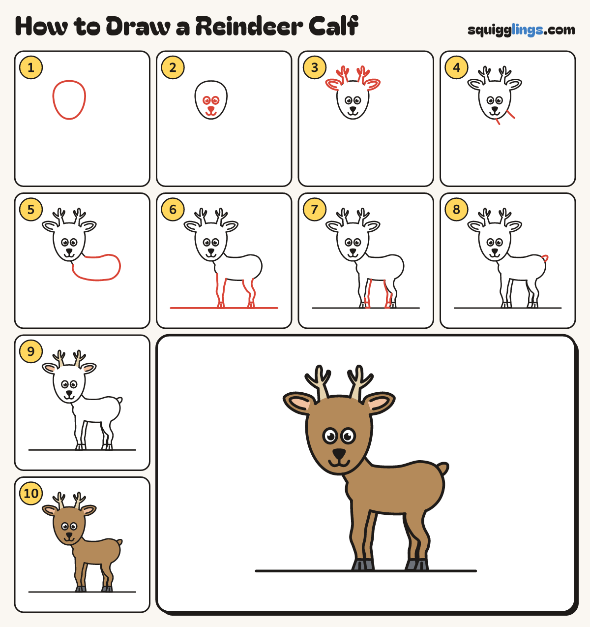 How to Draw a Reindeer Calf step by step: all 10 steps in one picture