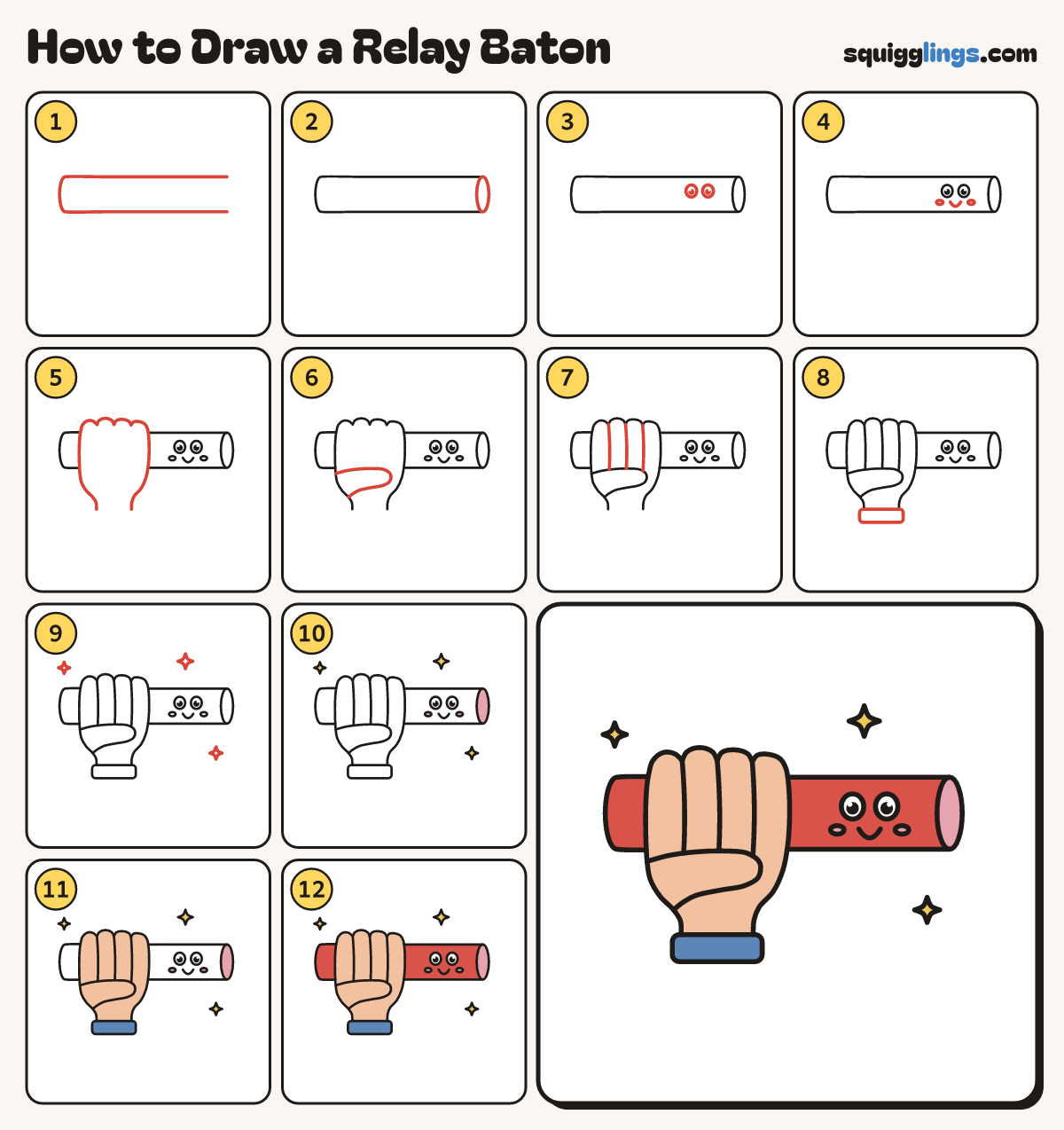 How to Draw a Relay Baton step by step: all 12 steps in one picture