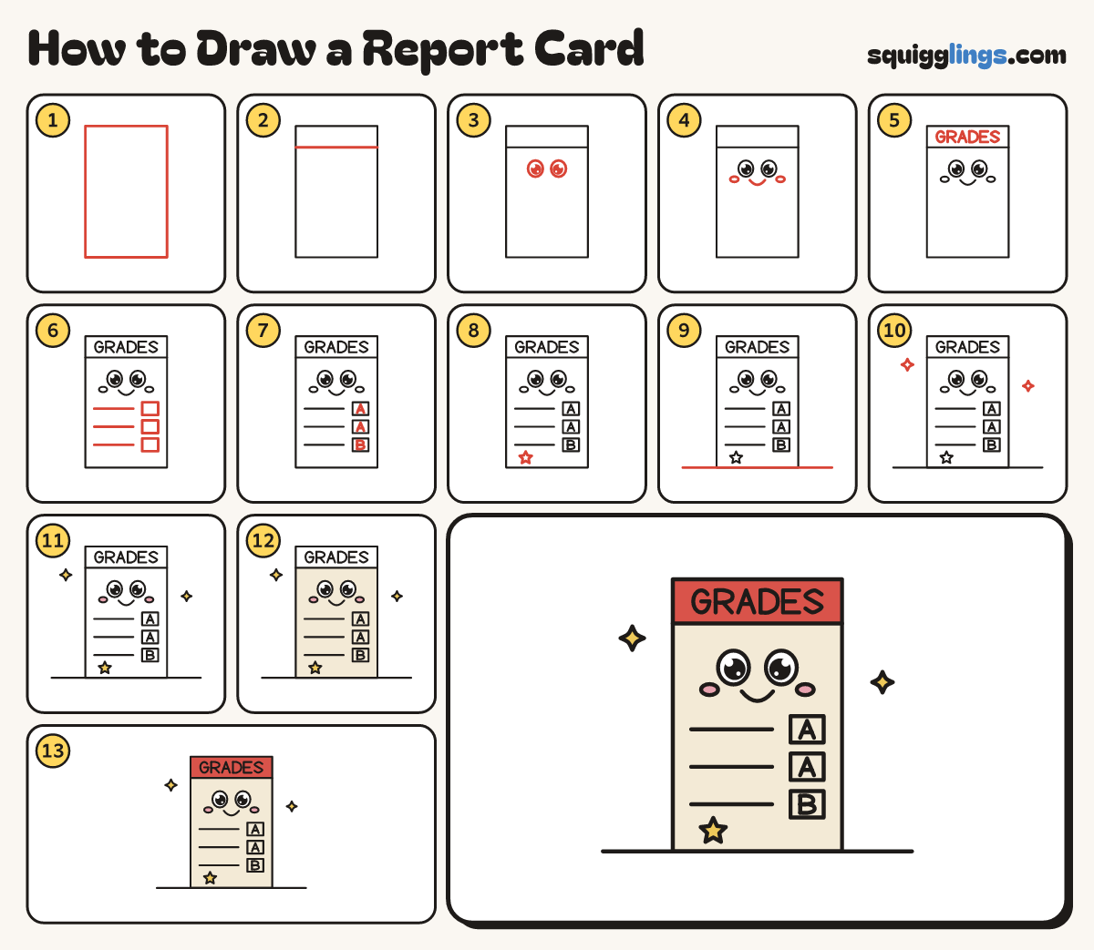 How to Draw a Report Card step by step: all 13 steps in one picture