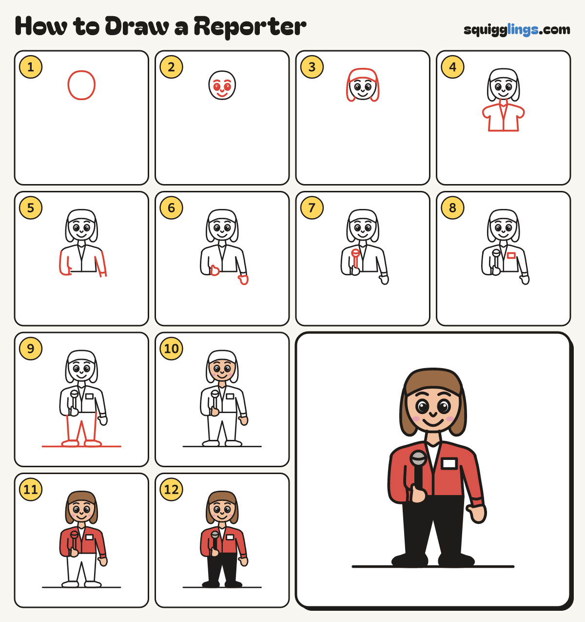 How to Draw a Reporter step by step: all 12 steps in one picture