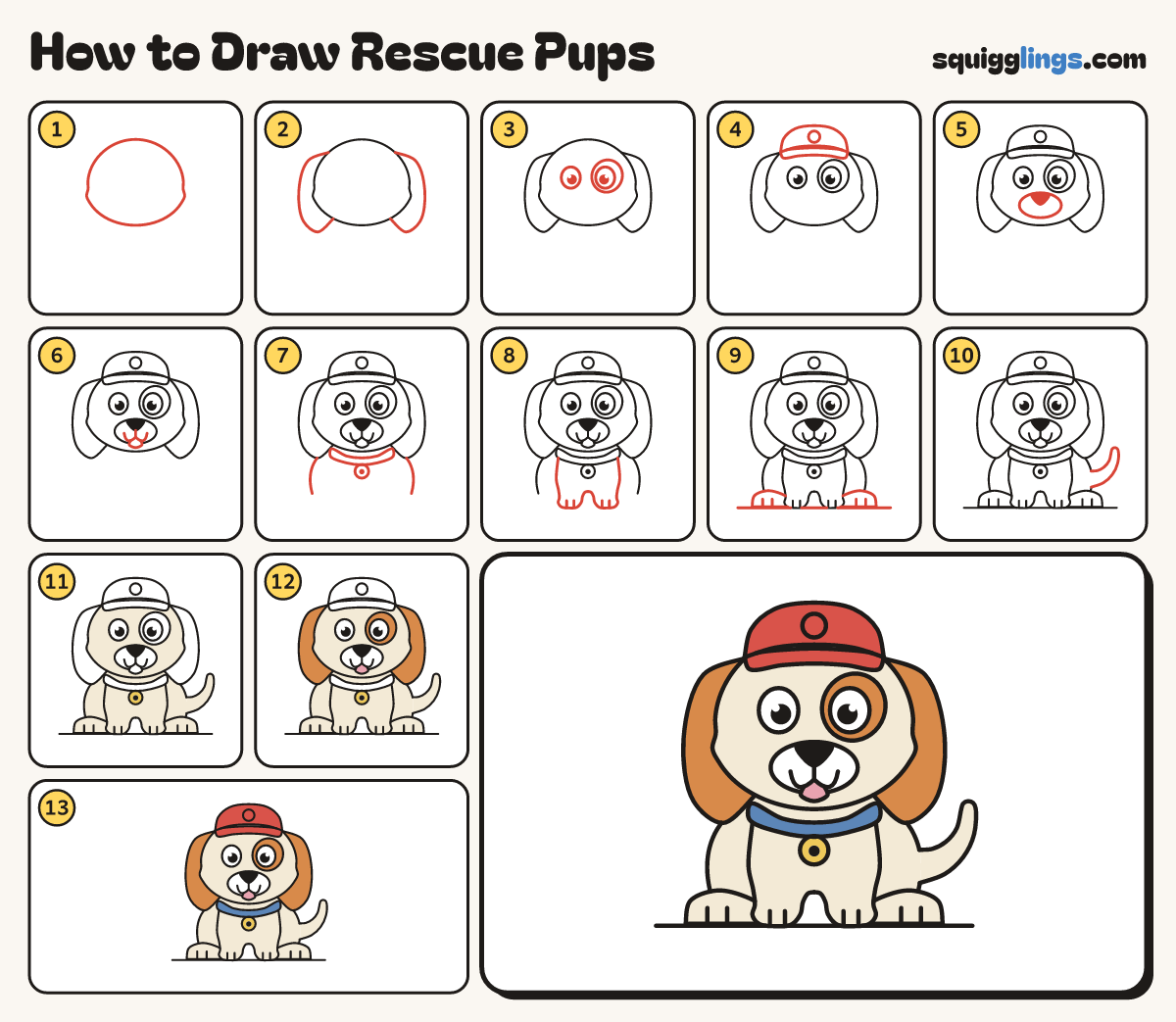 How to Draw Rescue Pups step by step: all 13 steps in one picture