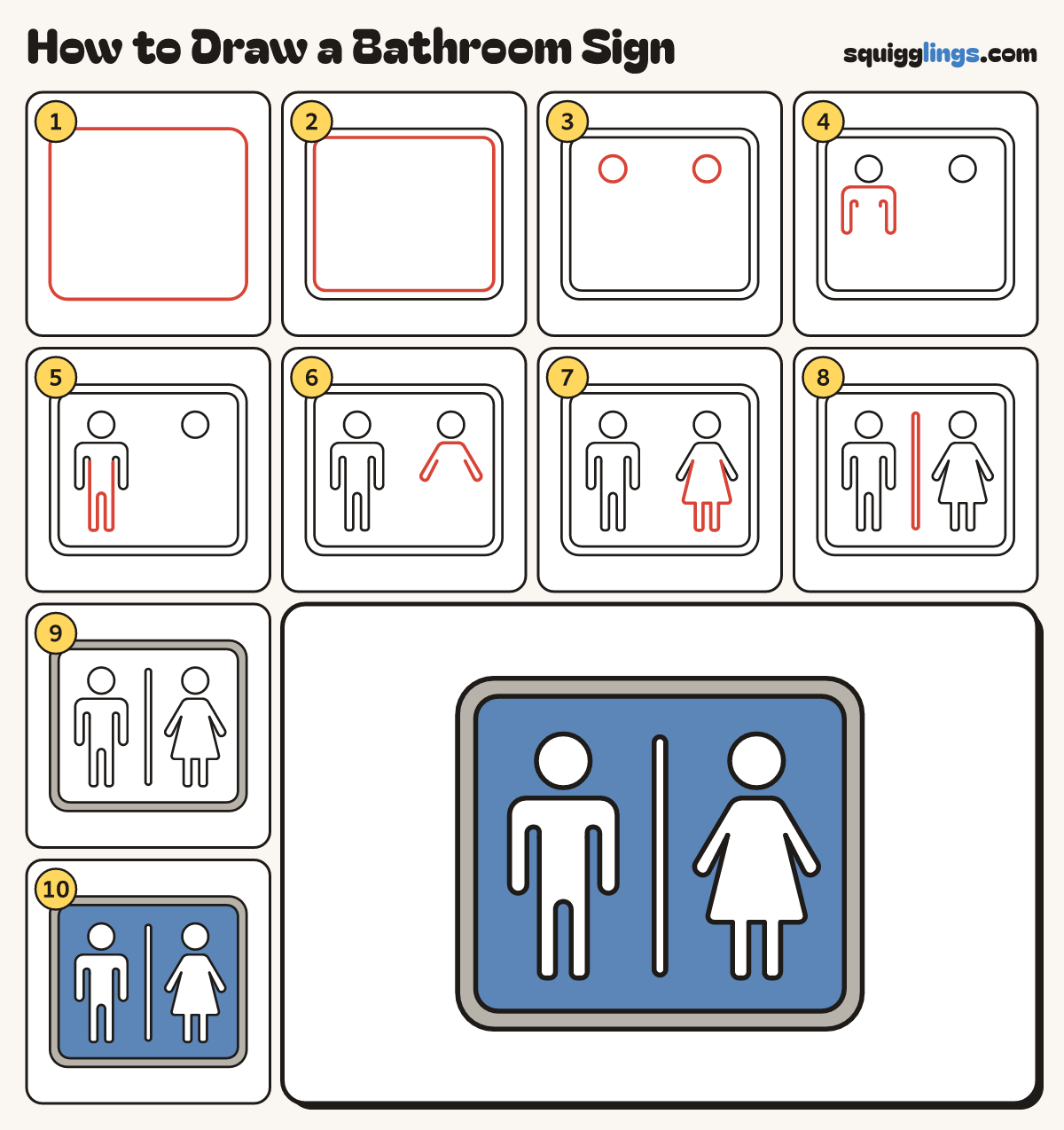 How to Draw a Bathroom Sign step by step: all 10 steps in one picture