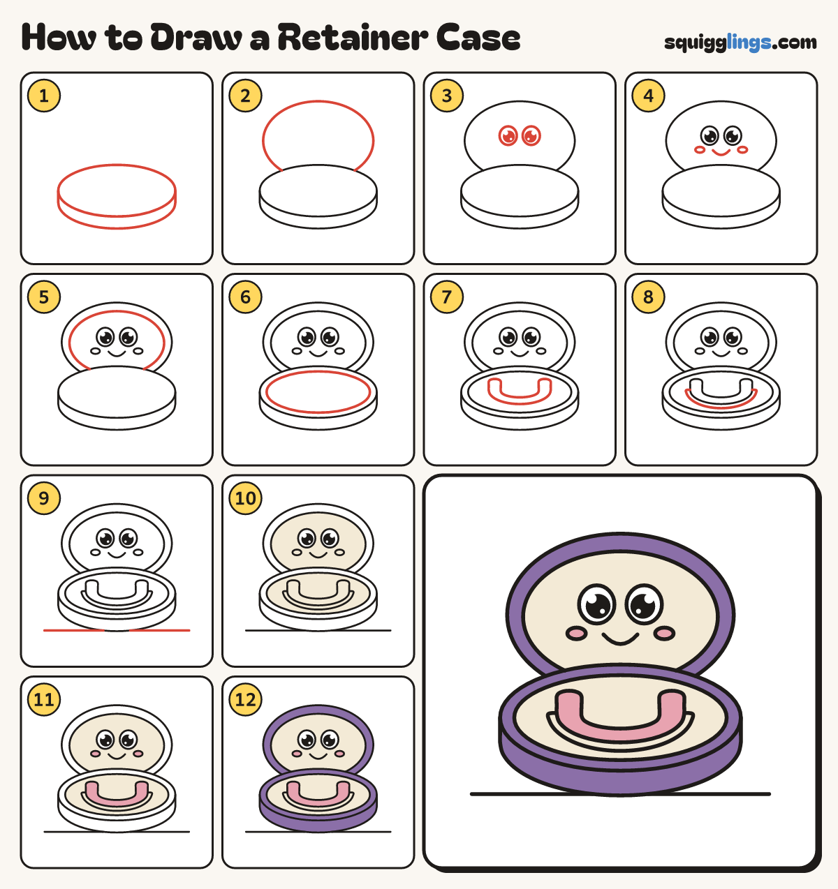 How to Draw a Retainer Case step by step: all 12 steps in one picture