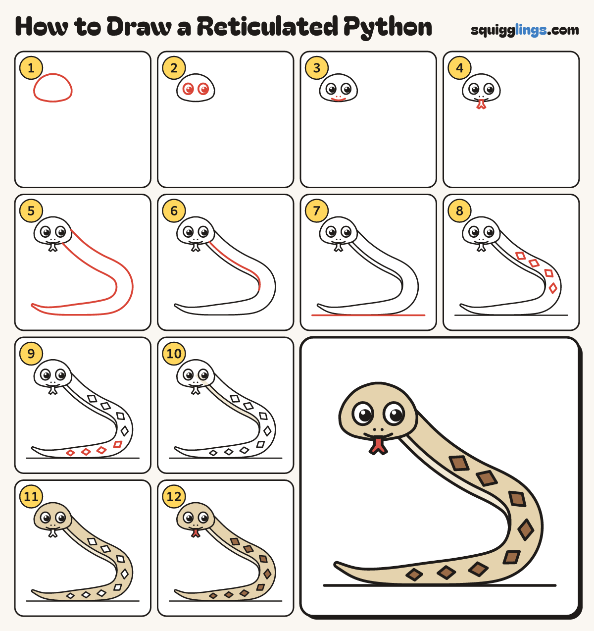 How to Draw a Reticulated Python step by step: all 12 steps in one picture