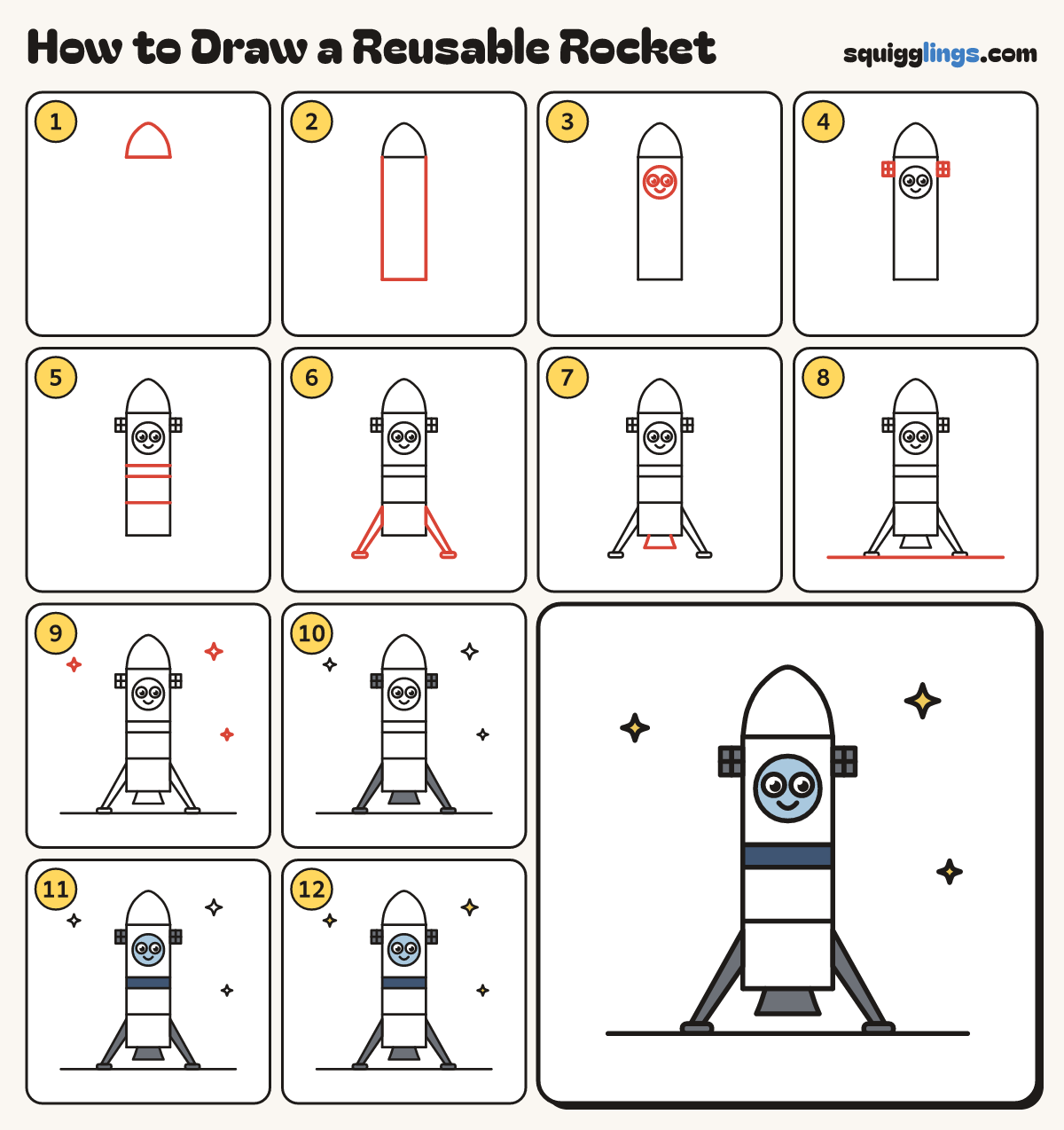 How to Draw a Reusable Rocket step by step: all 12 steps in one picture