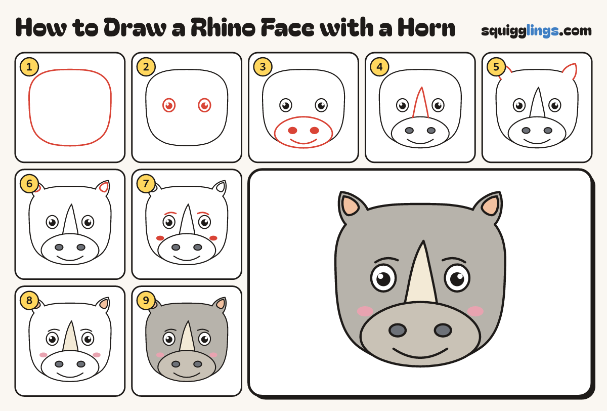 How to Draw a Rhino Face with a Horn step by step: all 9 steps in one picture