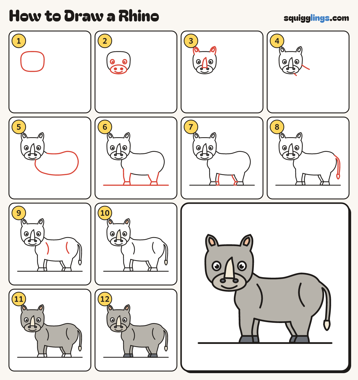How to Draw a Rhino step by step: all 12 steps in one picture