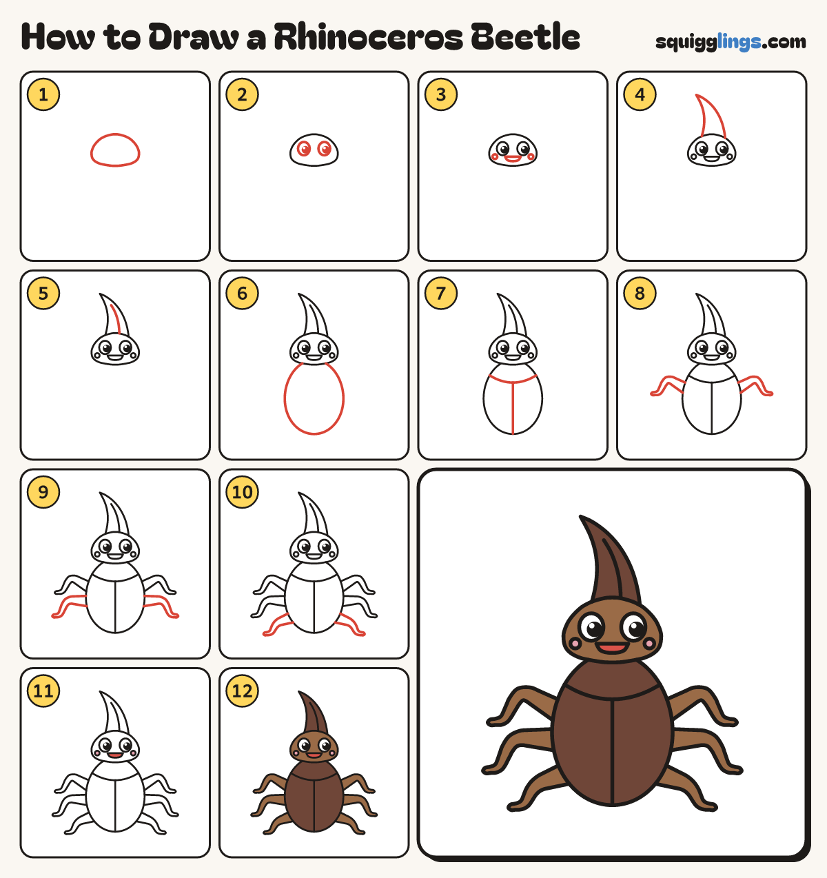 How to Draw a Rhinoceros Beetle step by step: all 12 steps in one picture