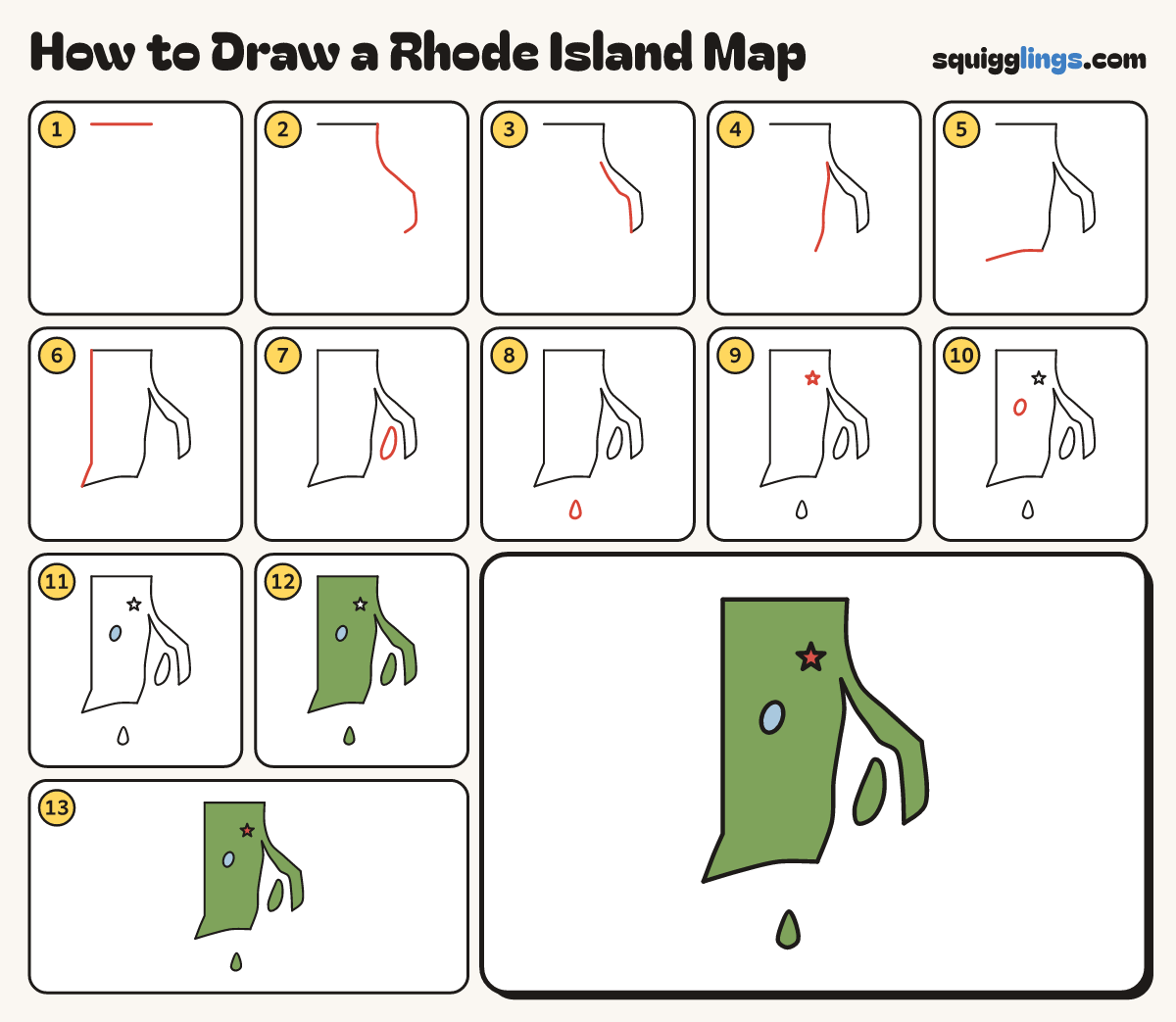 How to Draw a Rhode Island Map step by step: all 13 steps in one picture