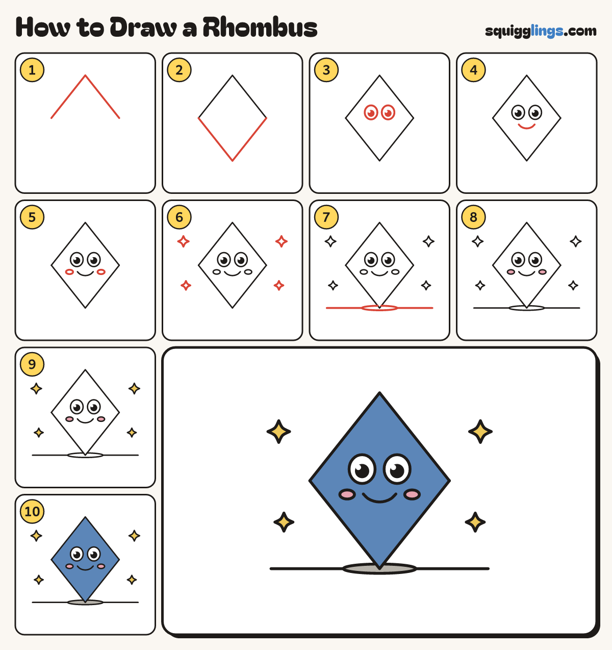 How to Draw a Rhombus step by step: all 10 steps in one picture