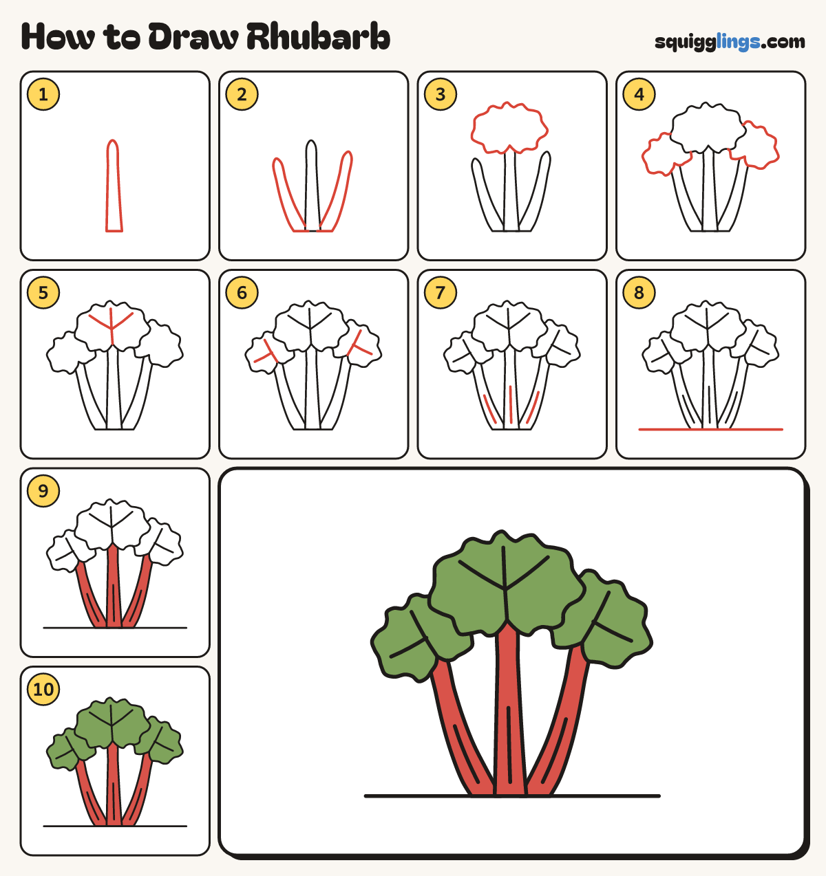 How to Draw Rhubarb step by step: all 10 steps in one picture