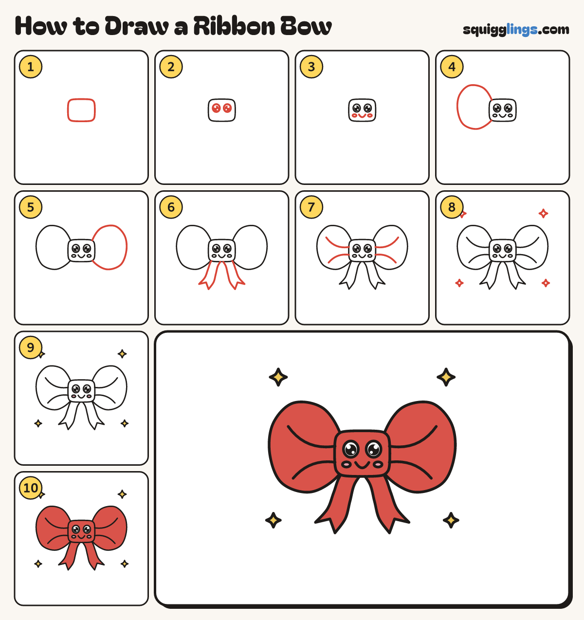 How to Draw a Ribbon Bow step by step: all 10 steps in one picture