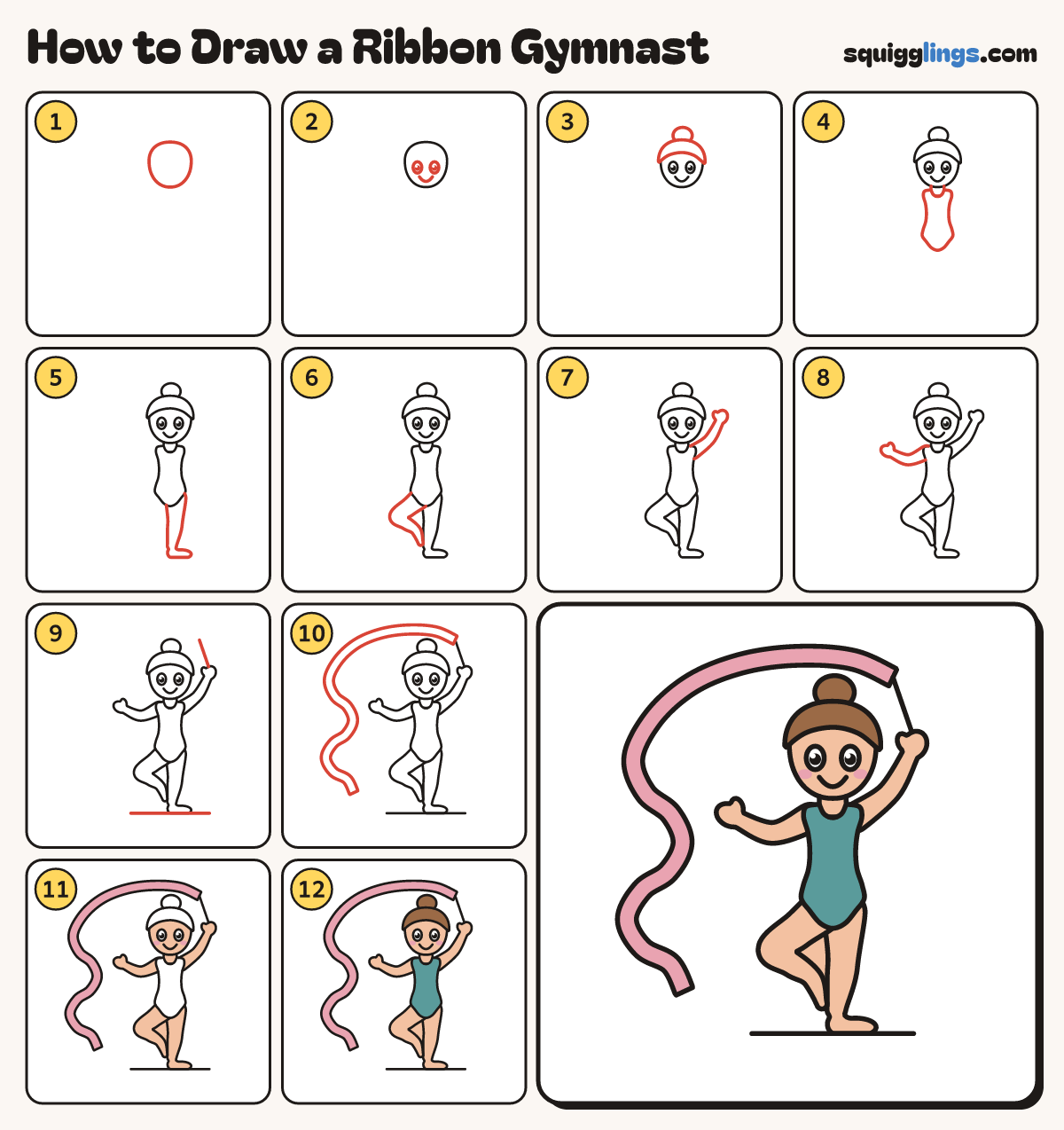 How to Draw a Ribbon Gymnast step by step: all 12 steps in one picture