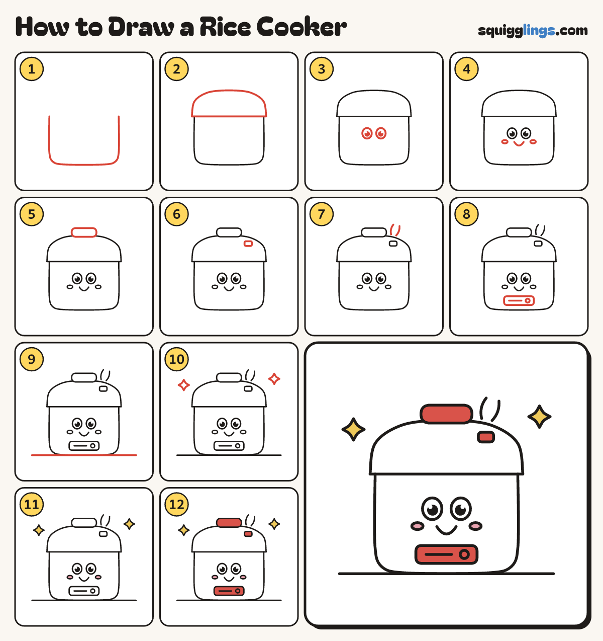 How to Draw a Rice Cooker step by step: all 12 steps in one picture