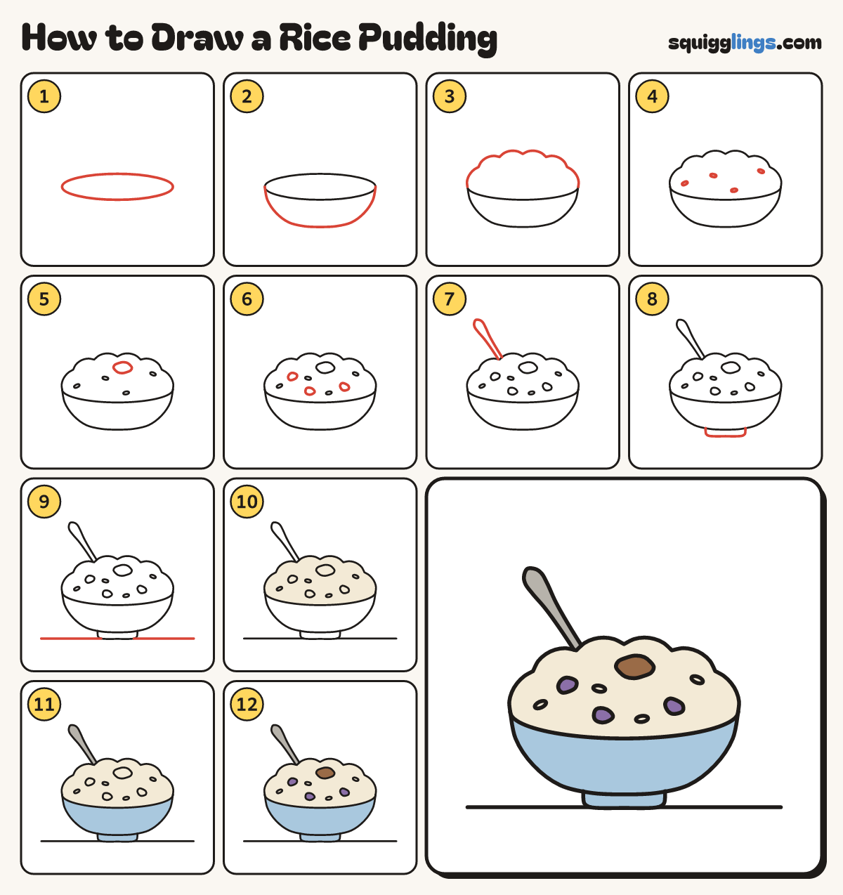 How to Draw a Rice Pudding step by step: all 12 steps in one picture