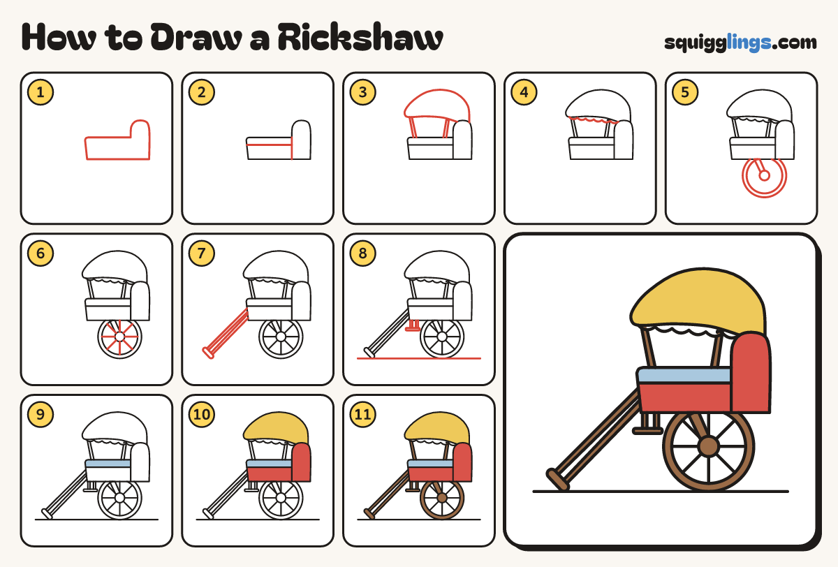 How to Draw a Rickshaw step by step: all 11 steps in one picture