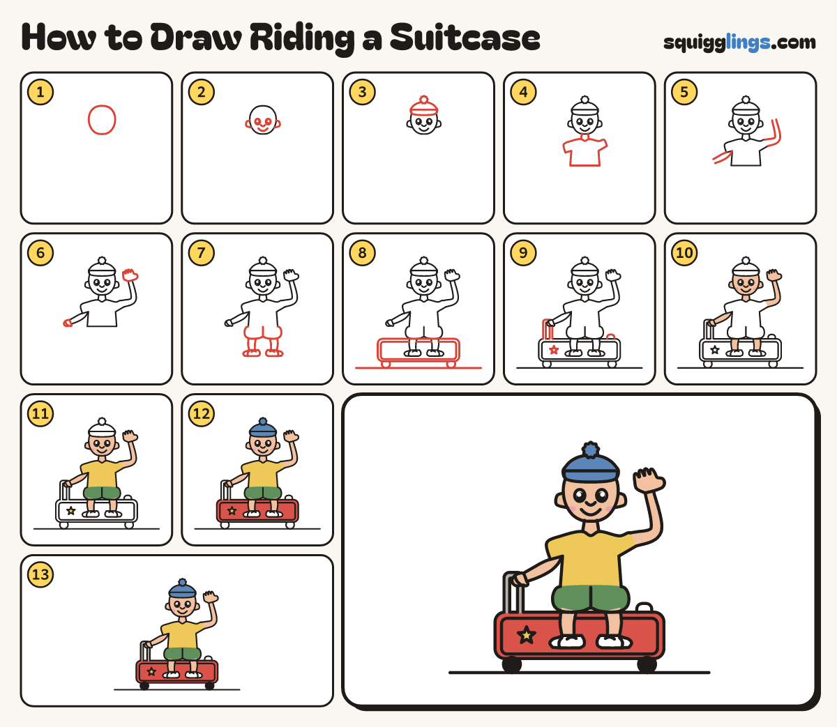 How to Draw Riding a Suitcase step by step: all 13 steps in one picture