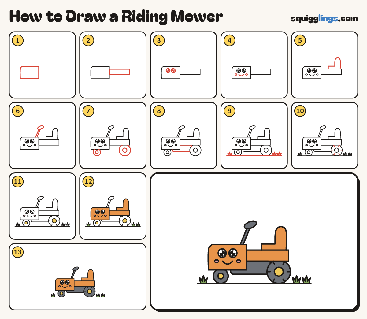 How to Draw a Riding Mower step by step: all 13 steps in one picture