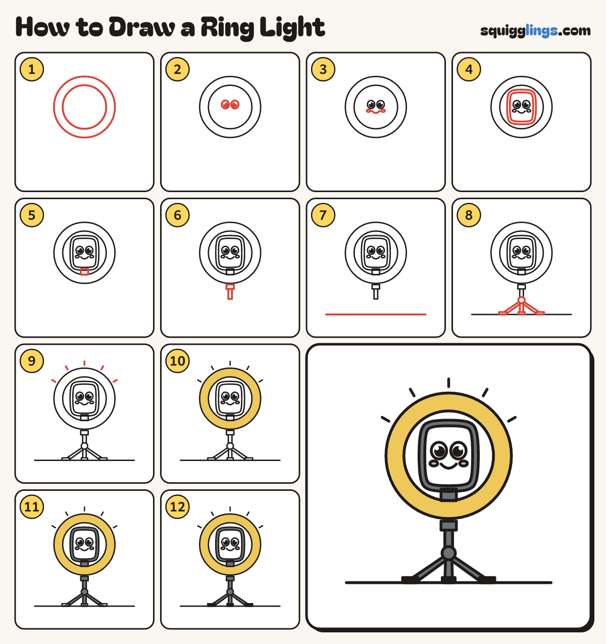 How to Draw a Ring Light step by step: all 12 steps in one picture