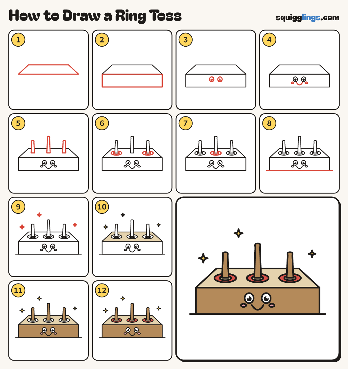 How to Draw a Ring Toss step by step: all 12 steps in one picture