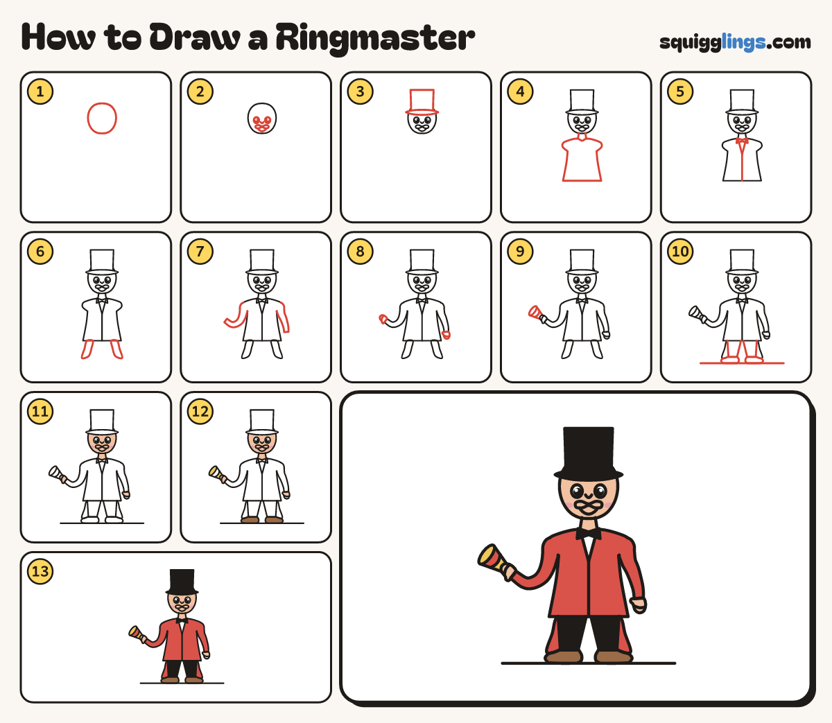 How to Draw a Ringmaster step by step: all 13 steps in one picture