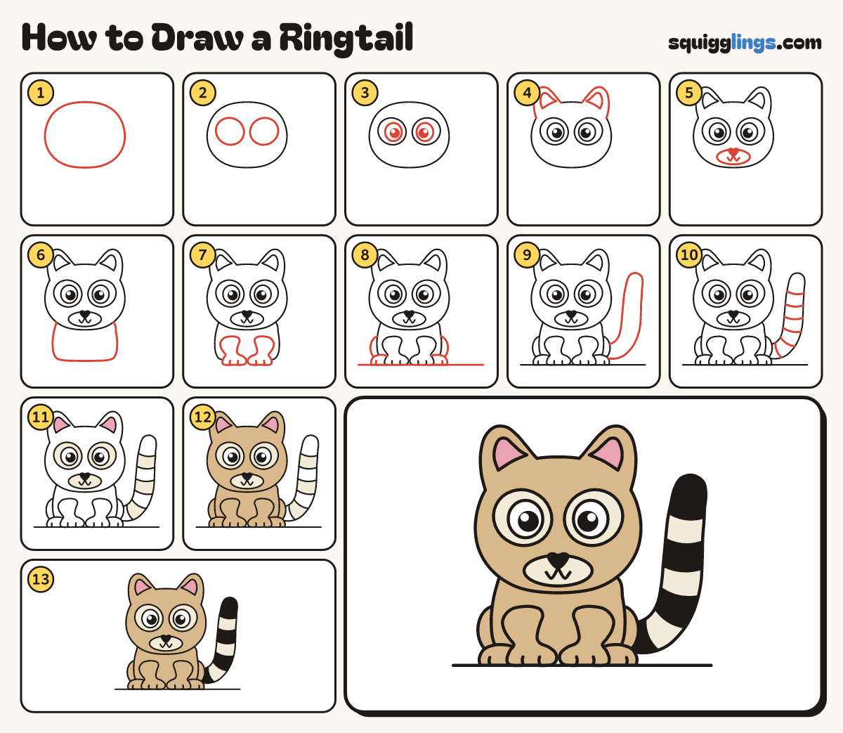 How to Draw a Ringtail step by step: all 13 steps in one picture