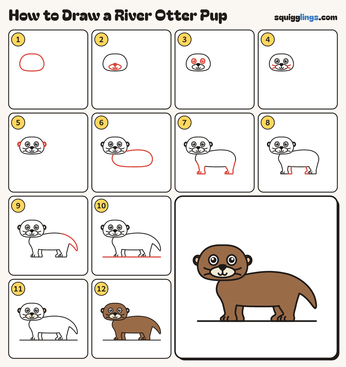 How to Draw a River Otter Pup step by step: all 12 steps in one picture