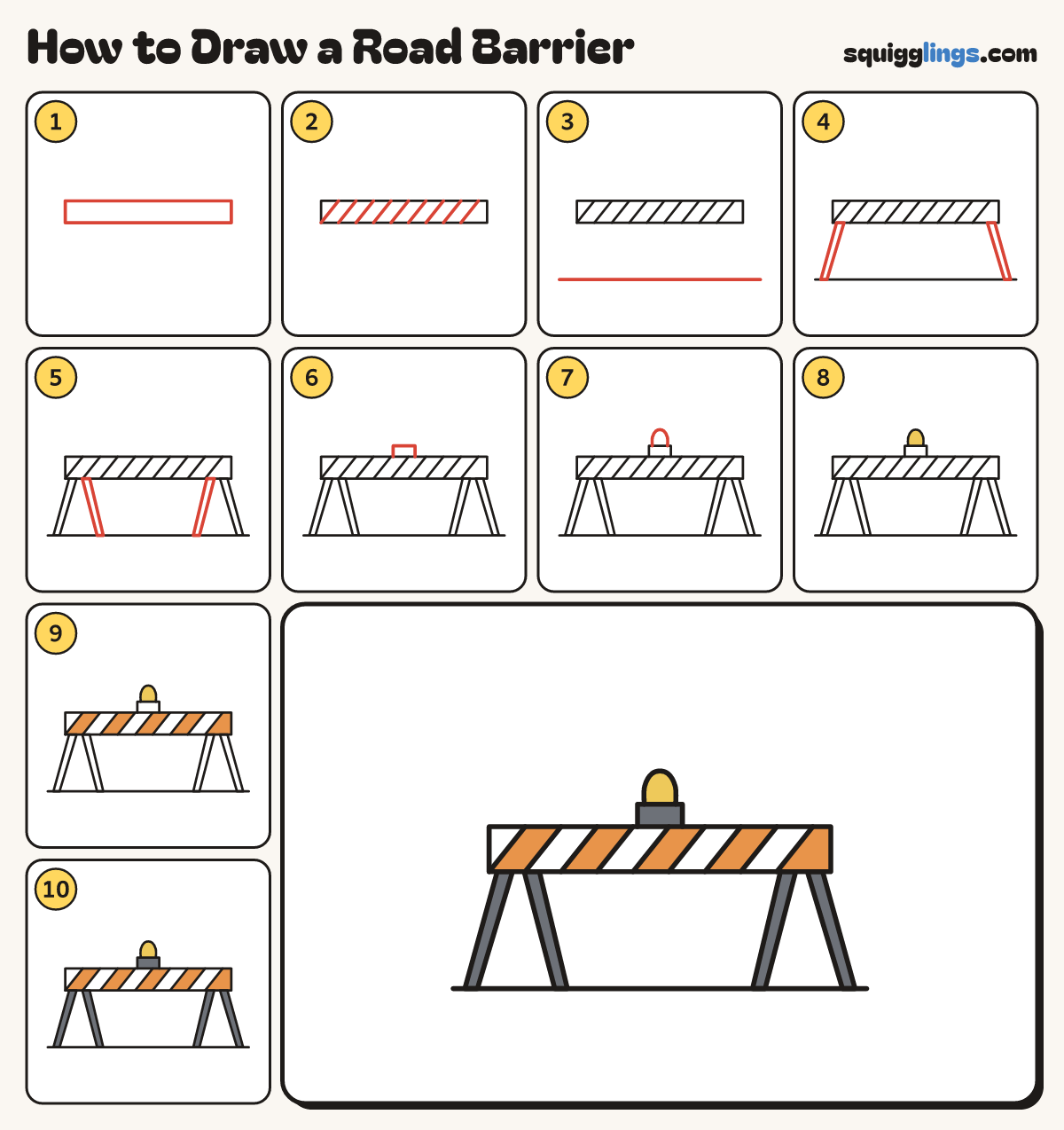 How to Draw a Road Barrier step by step: all 10 steps in one picture