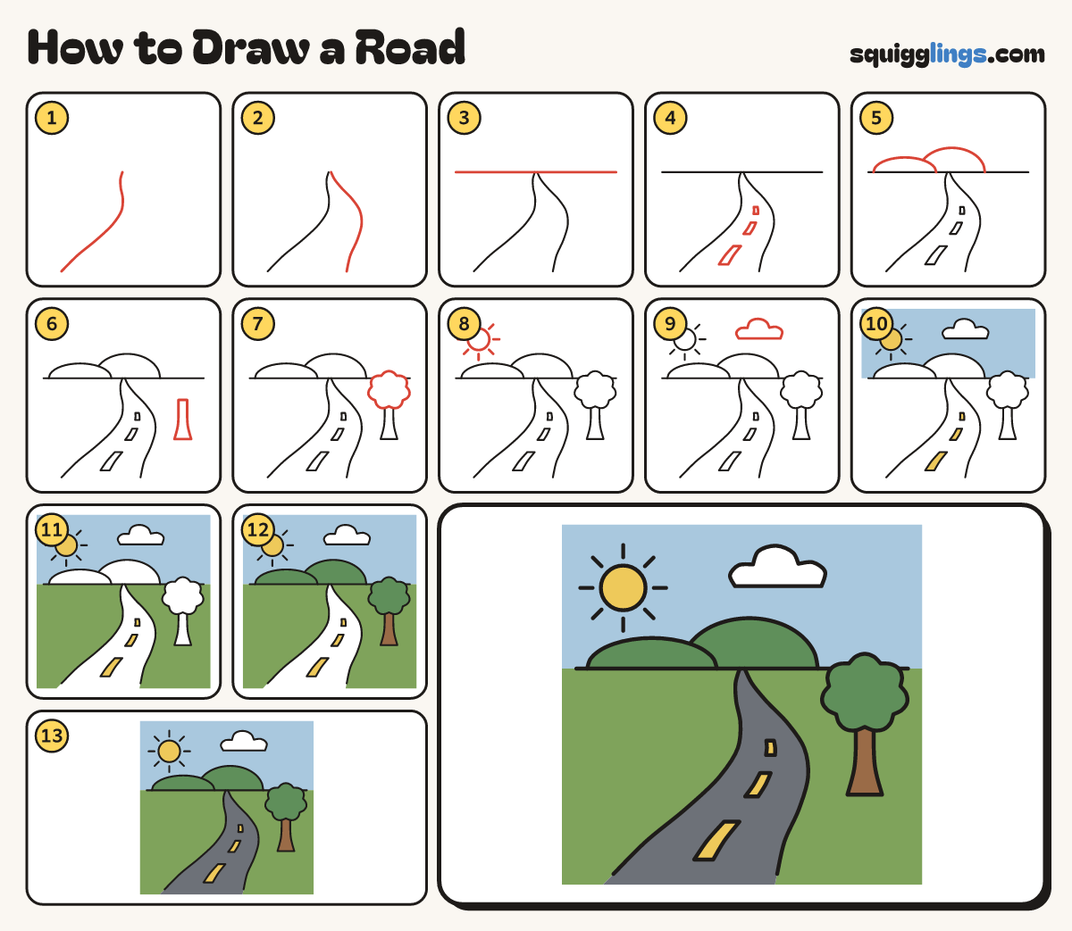 How to Draw a Road step by step: all 13 steps in one picture