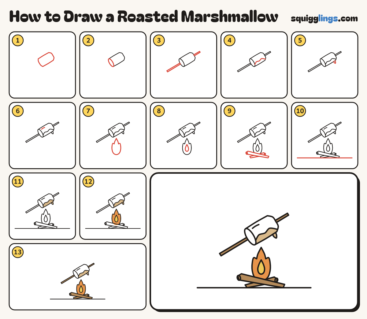 How to Draw a Roasted Marshmallow step by step: all 13 steps in one picture