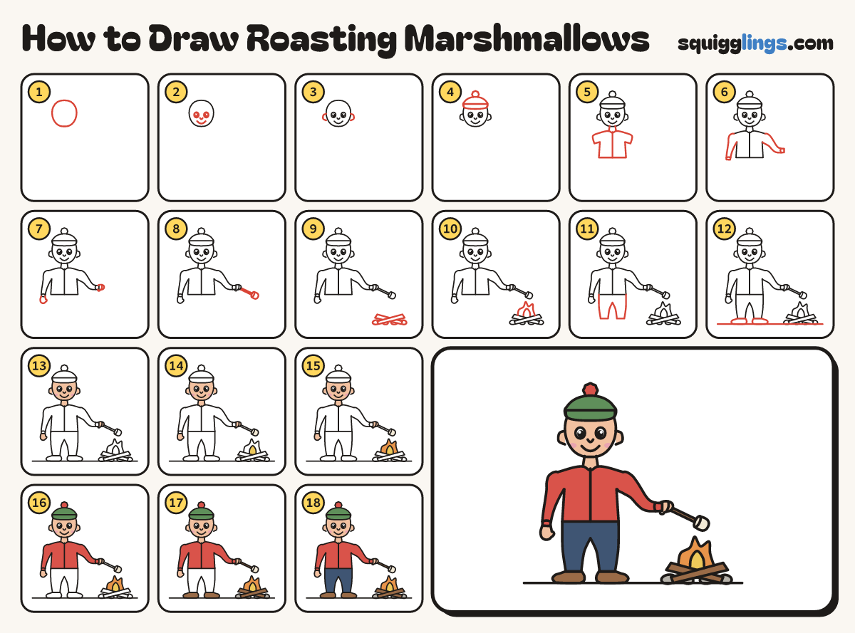 How to Draw Roasting Marshmallows step by step: all 18 steps in one picture