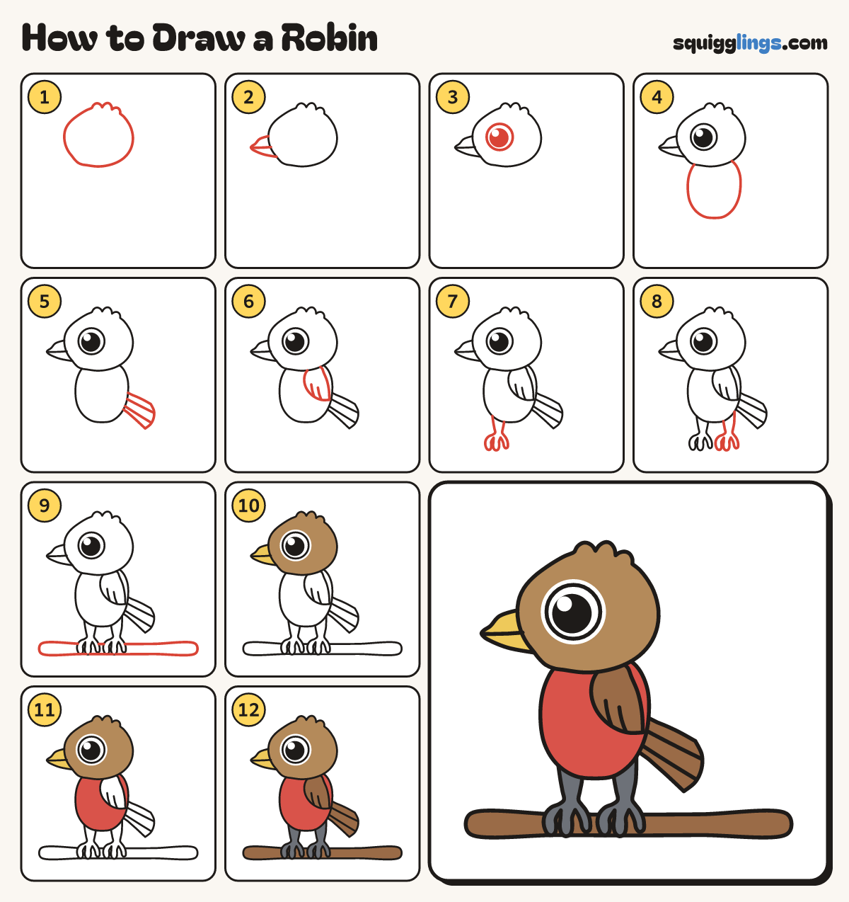 How to Draw a Robin step by step: all 12 steps in one picture
