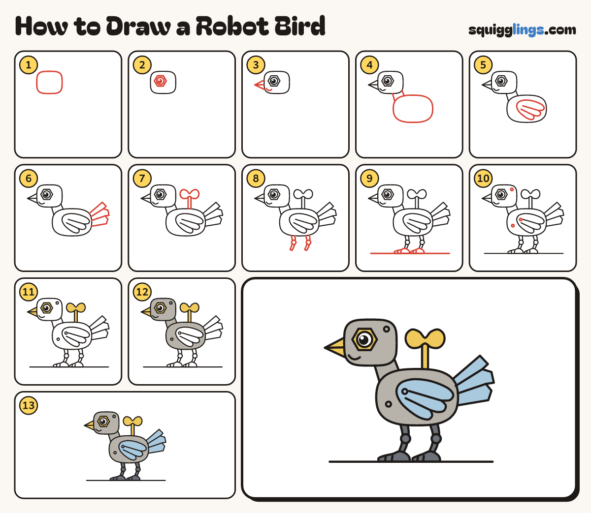 How to Draw a Robot Bird step by step: all 13 steps in one picture