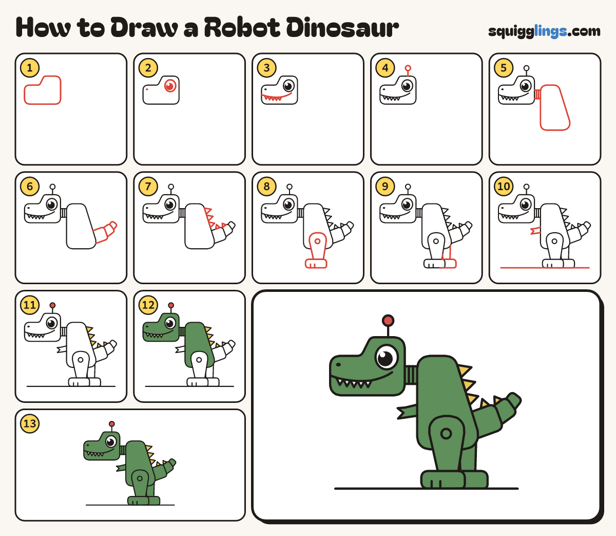 How to Draw a Robot Dinosaur step by step: all 13 steps in one picture