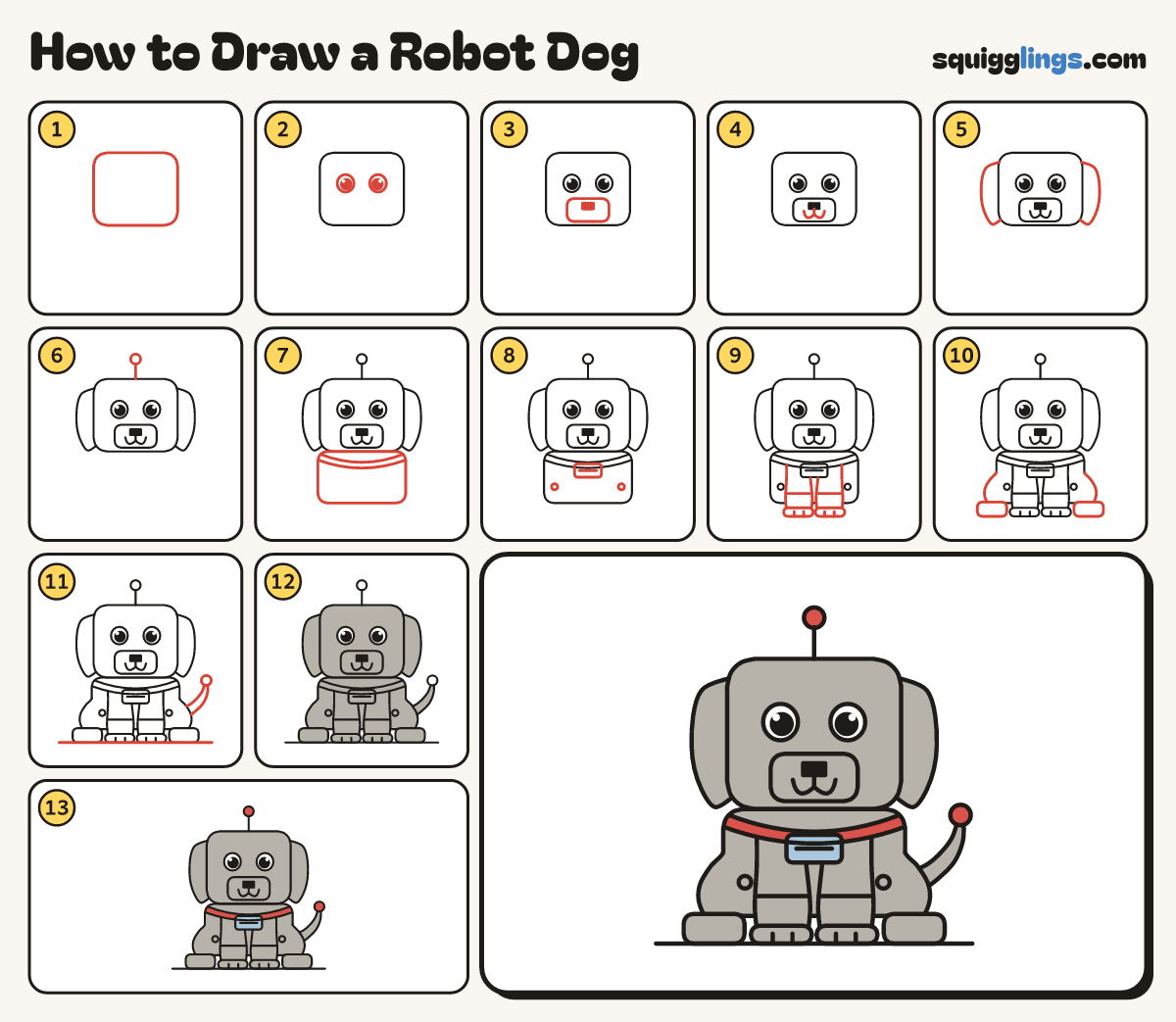 How to Draw a Robot Dog step by step: all 13 steps in one picture