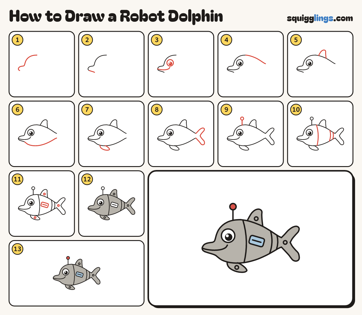 How to Draw a Robot Dolphin step by step: all 13 steps in one picture