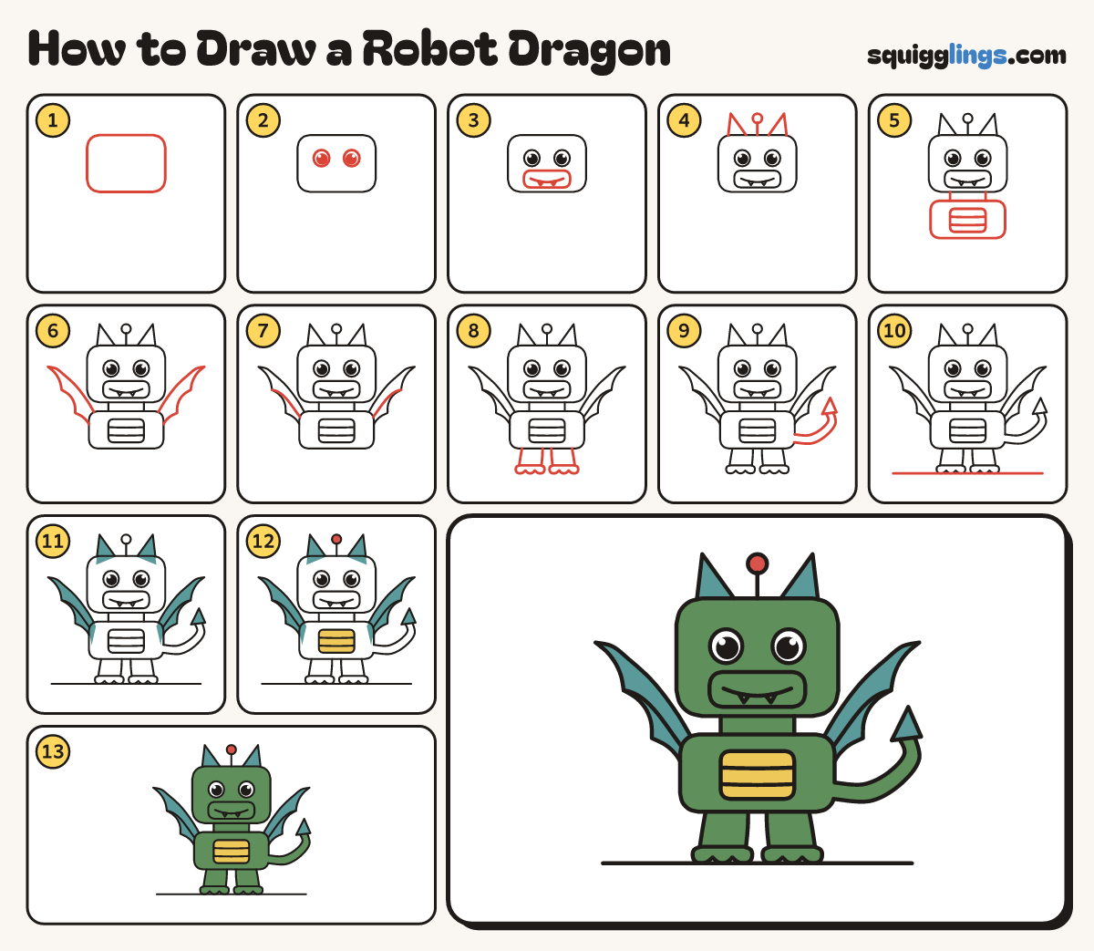 How to Draw a Robot Dragon step by step: all 13 steps in one picture