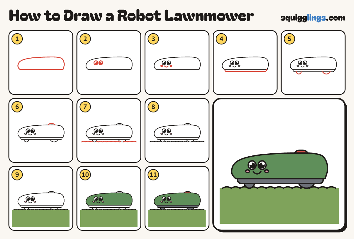 How to Draw a Robot Lawnmower step by step: all 11 steps in one picture